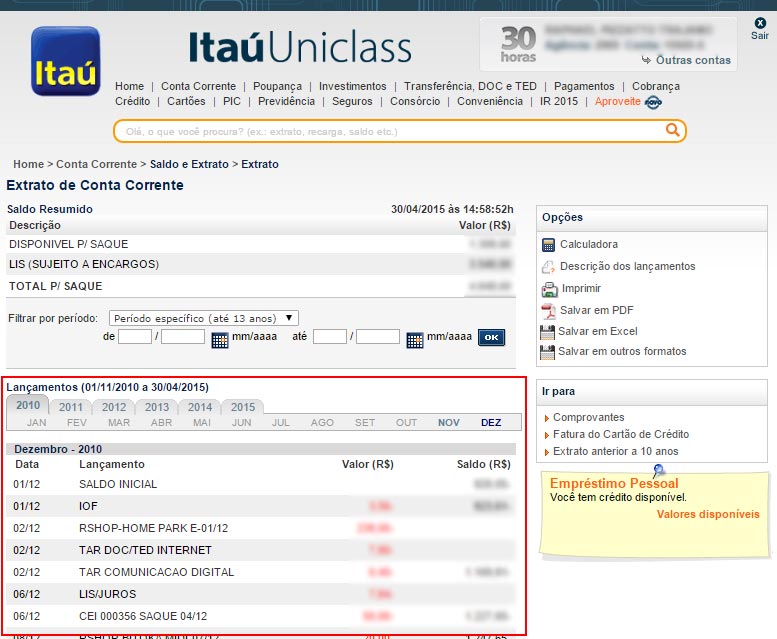 Ver mídia: Itau Bank Statement 10 years prototype